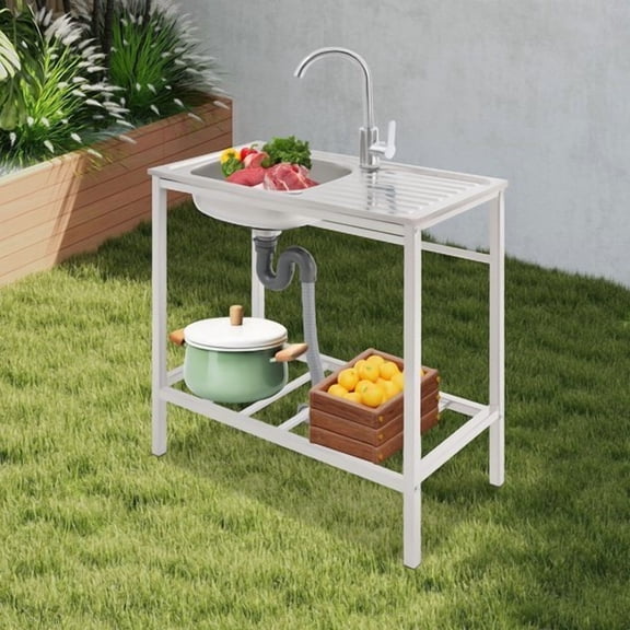 Versatile Outdoor Sink with Hose Hook Up – Heavy-Duty Stainless Steel Sink with Hose Hook Up, Large Basin, Storage Shelf & Quick Drain, Perfect for Gardens, Food Trucks, Restaurants