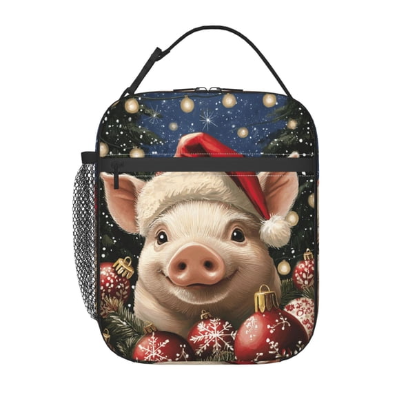 Christmas Day Pig Lunch Box Reusable Portable Lunch Bag Tote Bag for Work Picnic Hiking