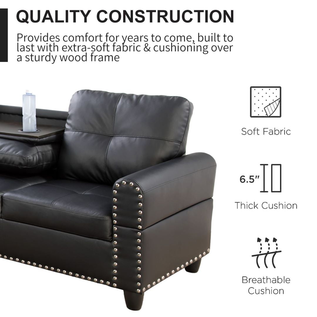 Sectional Couch for Living Room Furniture Sets, Faux Leather L Shape Living Room Sofa with Chaise 2 Piece Using for Apartment, Office, Bedrooms, Black(Facing Left Chaise)