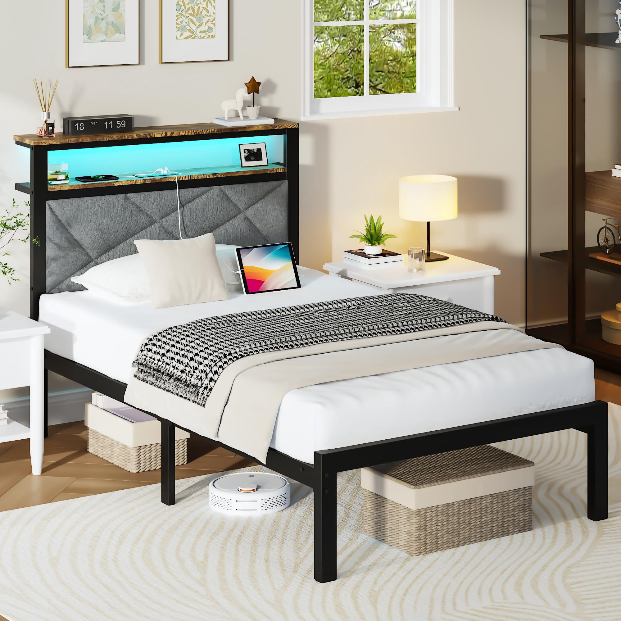 ChicZhiNest Twin Size Bed Frame with Storage Headboard and LED Light, Metal Platform Bed with Charging Station, Dark Gray
