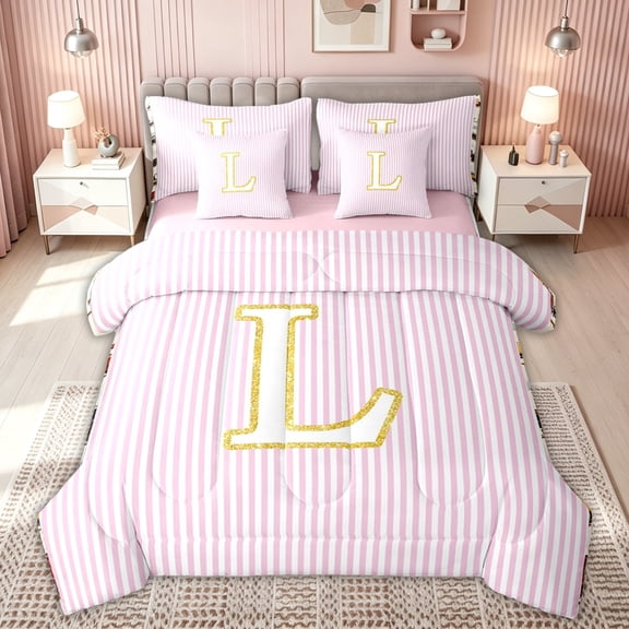 meiyoeat Gold L Letter Twin Bedding for Kids Girls Women, Pink Stripes Monogram Bedding Comforter Set for Bedroom, Pink Reversible, 7-Piece