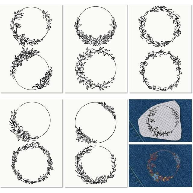 5 Sheets Wreath Leaf Water Soluble Embroidery Stabilizers Hand Sewing Insect Stick and Stitch Transfers Paper Wash Away Pre-Printed Self Adhesive Patterns for Cloth Sewing Lovers Beginner
