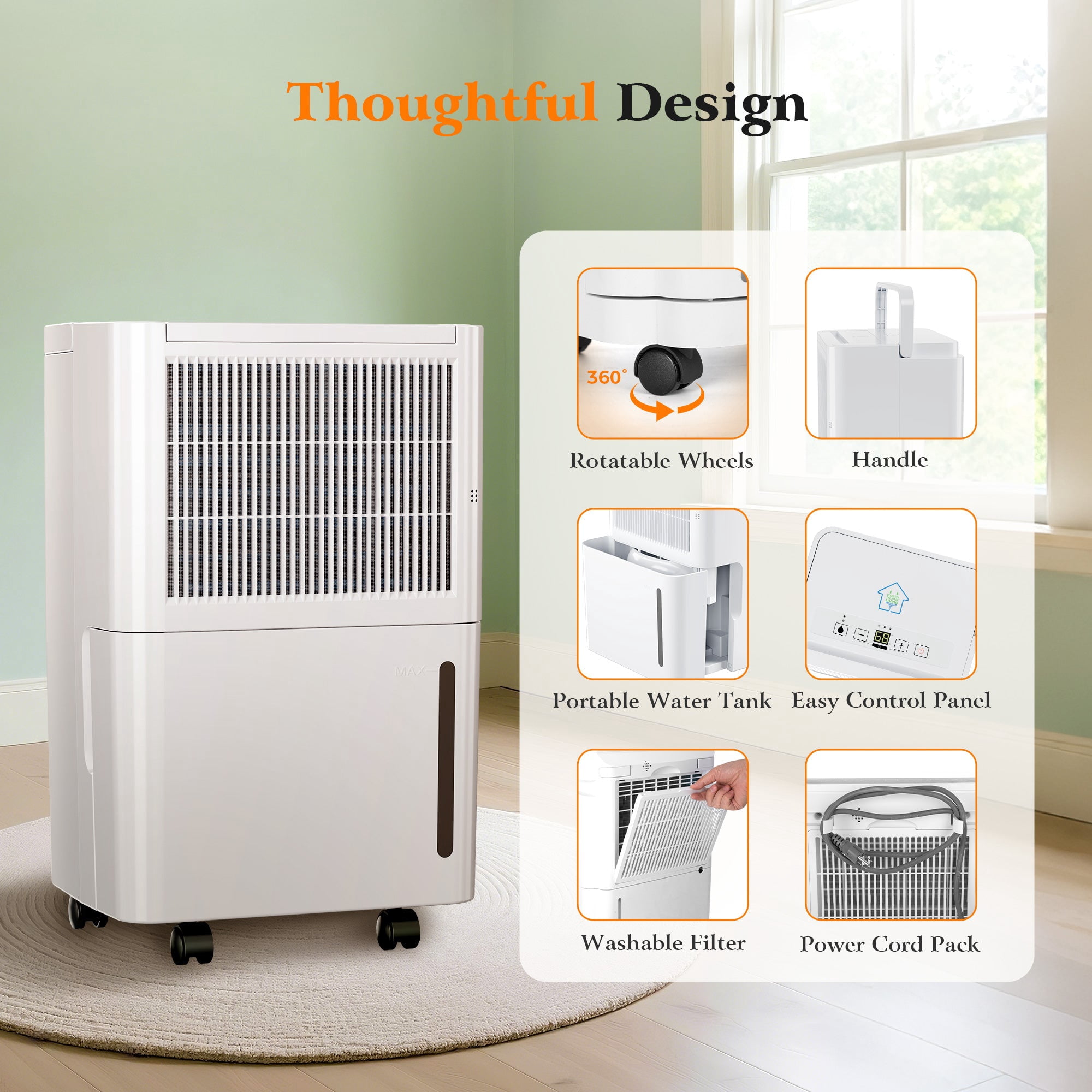 MF Studio 8 Pints Dehumidifier for Basement, Cover Up to 2500 Sq. Ft Home Space with Drain Hose, 0.58 Gal Water Tank, Overflow Protection, Auto Defrost & Drain, White
