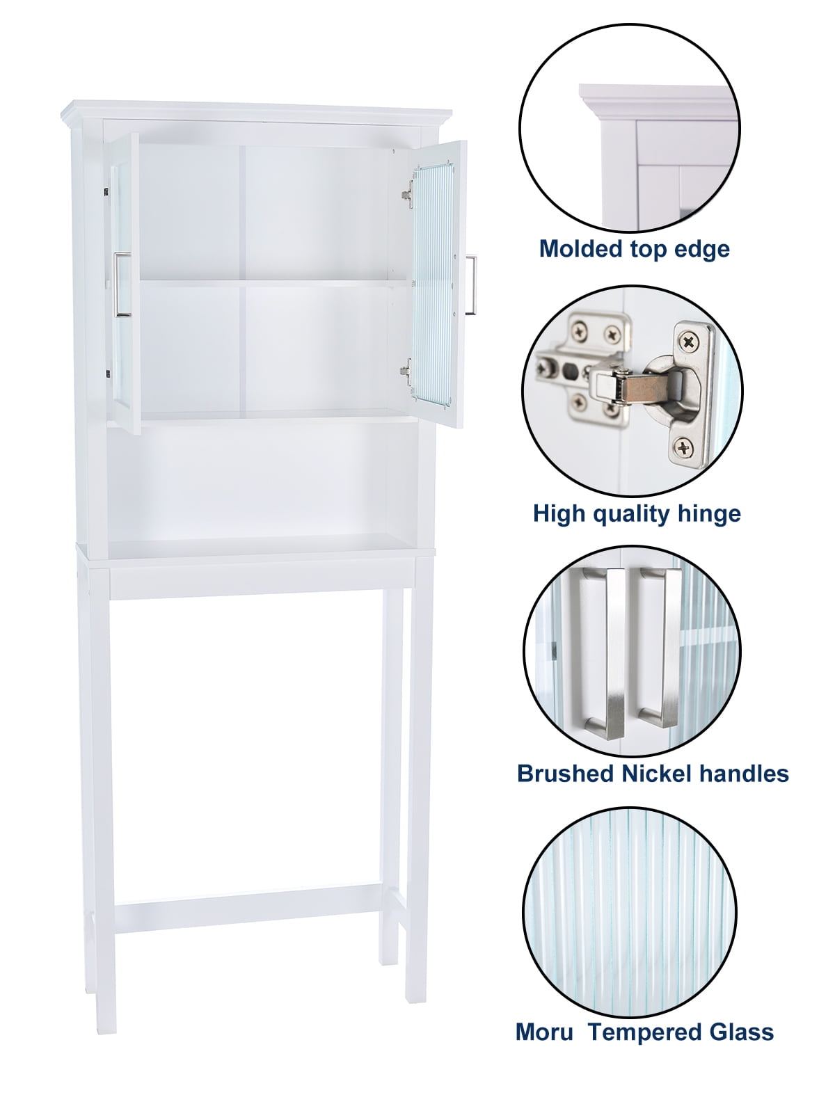 Spirich Wood and Glass Bathroom Cabinet Organizer, Freestanding Space Saver Shelf, White