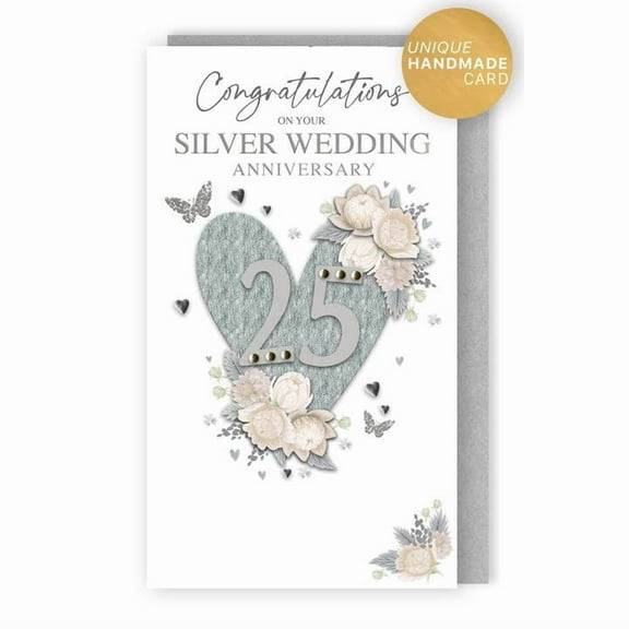 Handmade "Champagne" Greeting Card Silver Anniversary - Silver Heart with 25