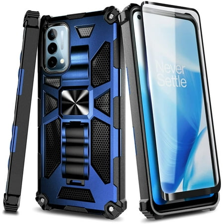 OnePlus Nord N200 5G Phone Case with Tempered Glass Screen Protector (Full Coverage), Nagebee Full-Body Protective Shockproof [Military-Grade], Built in Kickstand, Heavy-Duty Durable Case (Blue)