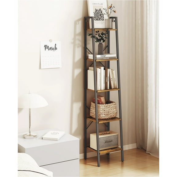 Hzuaneri Ladder Shelf, Narrow Storage Shelves, Tall Bookcase, Rustic Brown and Black BC03201B