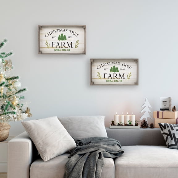 Northlight Set of 2 Gray and White Farm Fresh Christmas Trees Wooden Tray Hanging Signs 21"