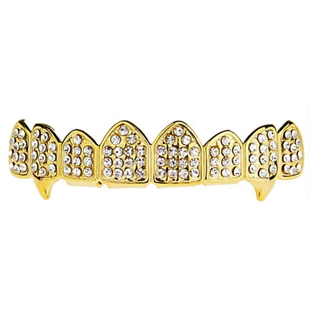 14k Gold Plated Fang Grillz Eight Tooth Iced-Out Top 8 Teeth Hip Hop Mens Vampire Grills