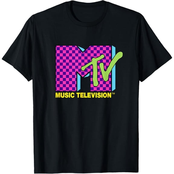 MTV Music Television Retro 80's Neon Pink Checkerboard Logo T-Shirt All Size S-5XL
