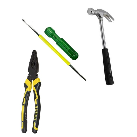 Hand Tool Kit - Yellow & Black Plier | Claw Hammer | 2in1 Screw Driver | Fixing & Repair Home | Construction & Electrical Repair, Durable & Safe For Household Use | Daily Purpose Use