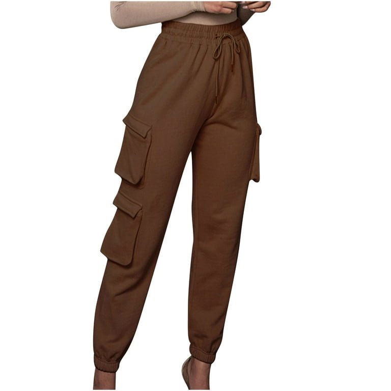 SSAAVKUY Women High-Waist Full Length Long Pants ed Multiple Pockets  Versatile Loose Trousers Overalls Loose Fitting Trousers Active Sports Pants  Female Fashion Coffee 8 