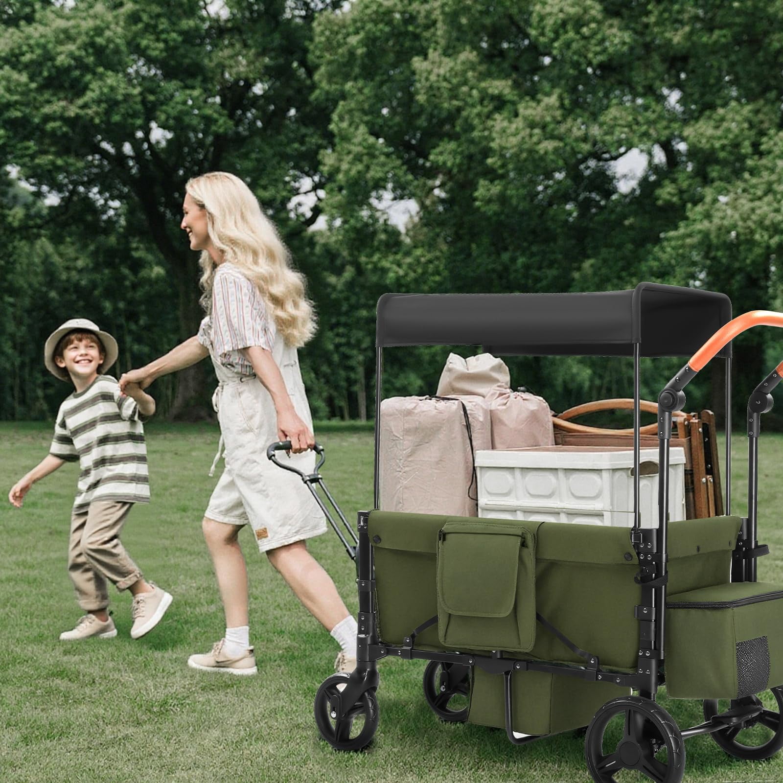 Wagon Stroller for 2 Kids, 3 in 1 Push and Pull Foldable Wagon with Footwell, All-Terrian Wheels, Includes Adjustable Canopy, Ample Organizer, 5 Point Harness (Black)