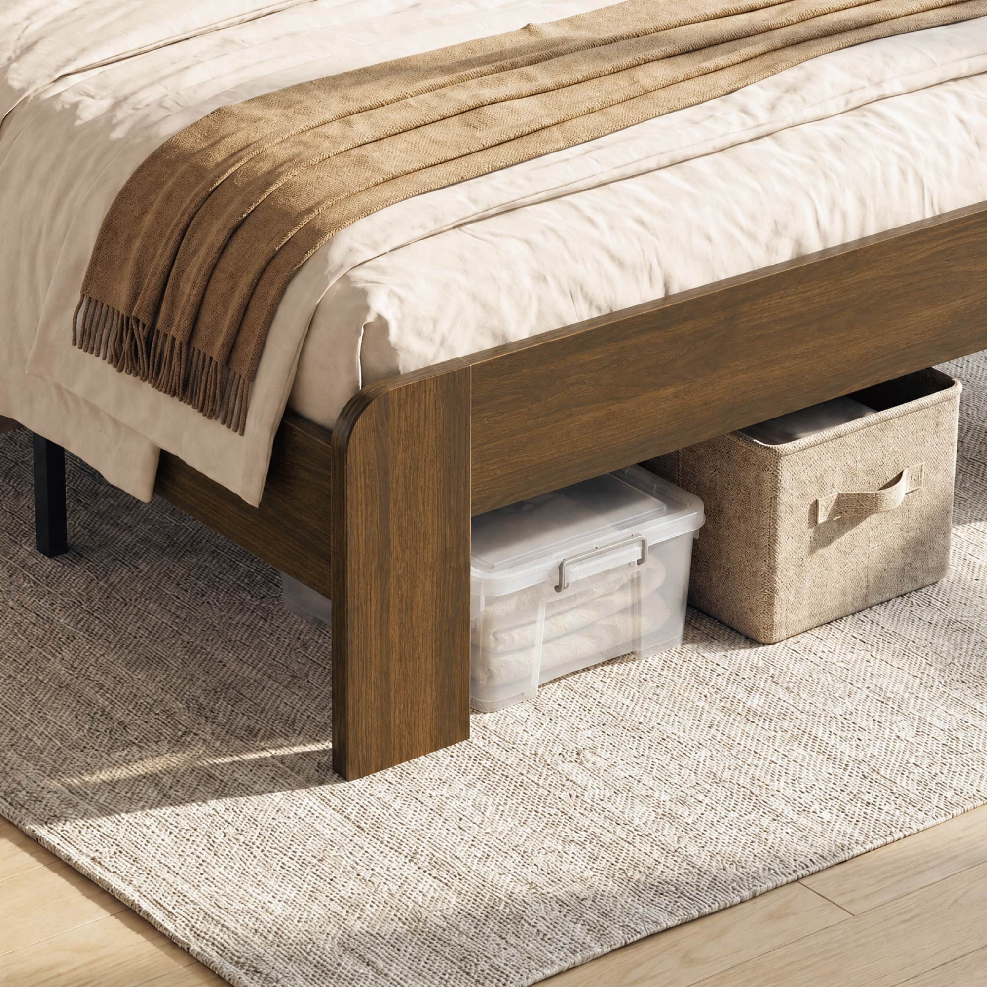 Spruce & Spring Modern Wood Queen Bed Frame with LED Lights, Storage Headboard & Charging Station, Noise-Free, No Box Spring Required, Easy Assembly, Walnut