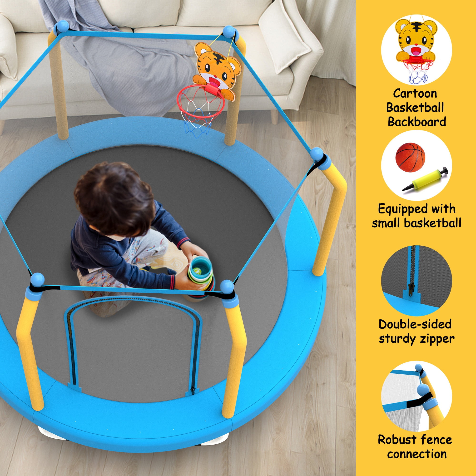 BTMWAY 55" Toddler Trampoline with Safety Enclosure Net, Trampoline Indoor & Outdoor, Mini Trampoline for kids 1-8 with Basketball Hoop, Ball and Thick Foam Protection, Birthday Gifts for Boy & Girl