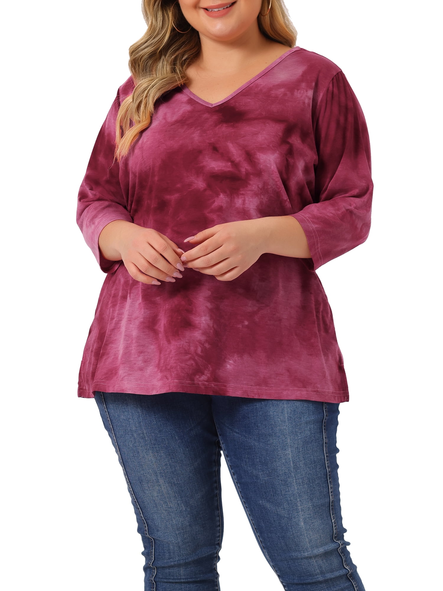 DARING DIVA Women's Plus Size V Neck 3/4 Sleeve Striped Tie Dye Blouse L Hot Pink