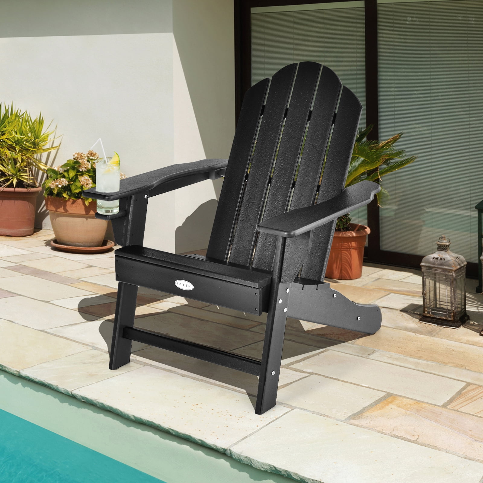 Patiojoy Adirondack Chair Outdoor with Cup Holde Weather Resistant Lounger Chair for Backyard Garden Patio and Deck Black