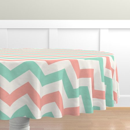 

Cotton Sateen Tablecloth 70 Round - Bold Chevron Mint Coral Large High Print Custom Table Linens by Spoonflower