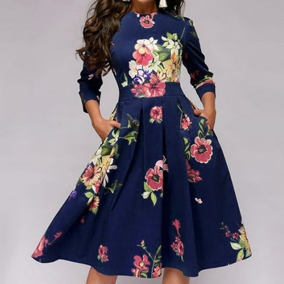 Utoimkio Women's Vintage Floral Print Party Dress Elegant Long Sleeve Crewneck A-Line Swing Midi Dresses for Women