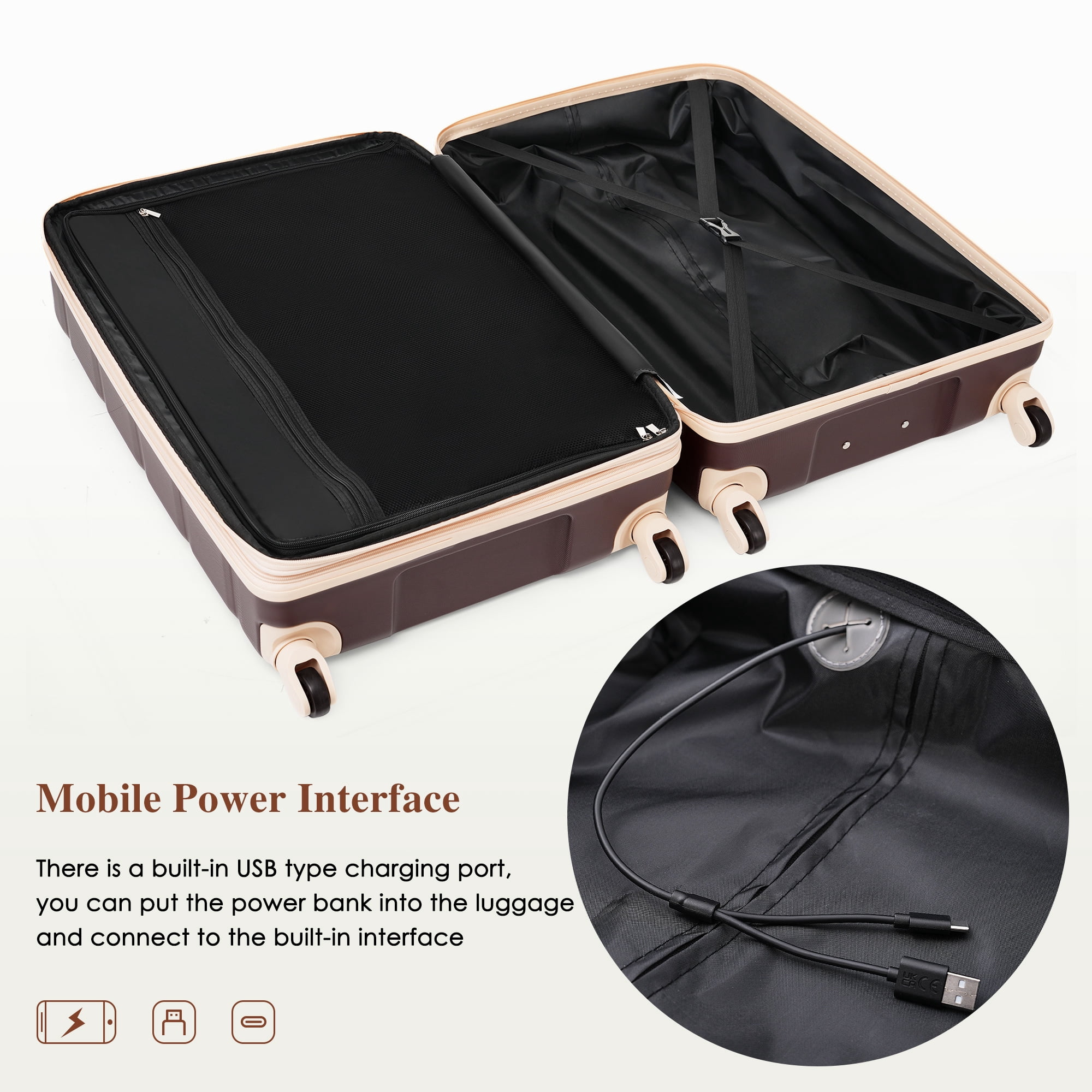 Aukfa 3 Piece Luggage Sets, Expandable Suitcase with USB Port, Cup Holder and Spinner Wheels, Brown