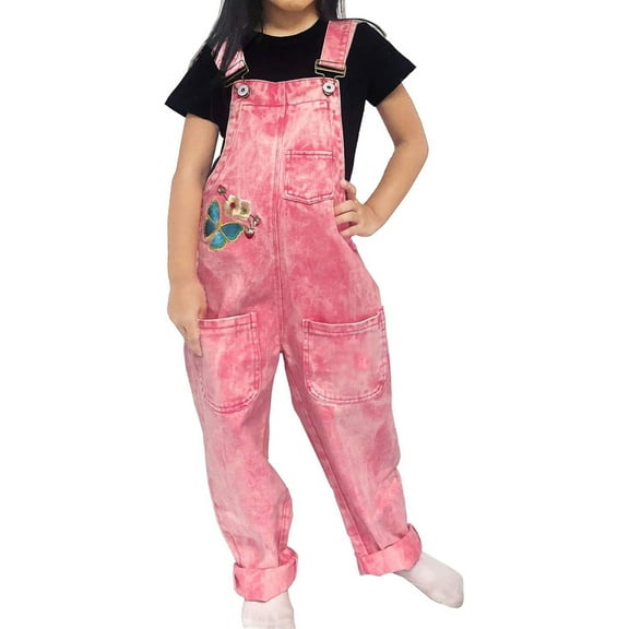 Peacolate 5-14Years Girls Pink Embroidered Denim Overalls Tie-dye Jumpsuits Adjustable Belts Suspenders for Kids Girls Romper,Pink,4-5Years