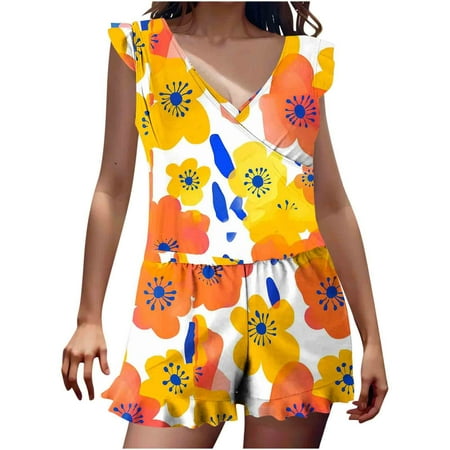 LEBONYARD Plus Size Women Swimsuits Women s Fashion Print Built-in Bra Shorts Flat Angle Wooden Ear Pockets Shorts Swimsuit Yellow M