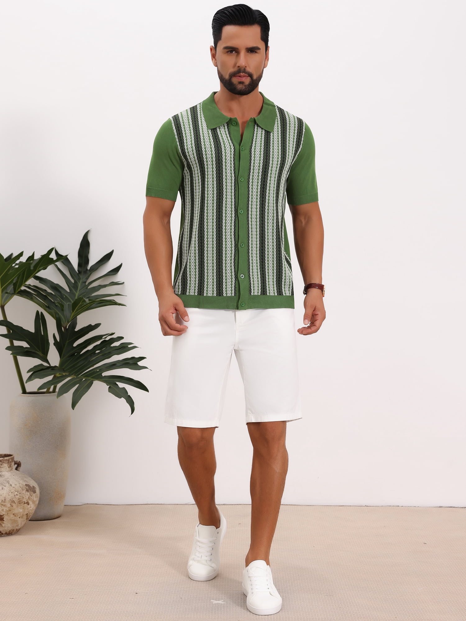 DARING DIVA Men's Striped Short Sleeves Button Down Jacquard Polo Shirts 2XL Green