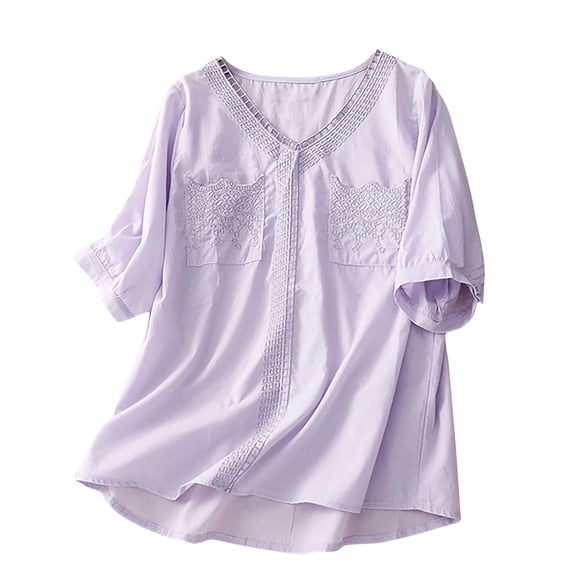 HWRETIE Boho Tops Women's Solid Linen-neck Short Sleeved Top/Shirt(3XL)Purple Purple-16