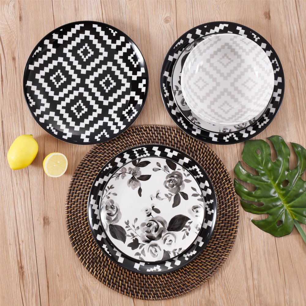 Mainstays Melamine 12Piece Black and White Rose Dinnerware Set