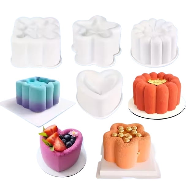 Juego de moldes for hornear de 4 piezas | Molde redondo for pastel de mousse de silicona de una sola cavidad, cuadrado, flor de amor, redondo | Grado alimenticio | Fácil de liberar | Postre Francés