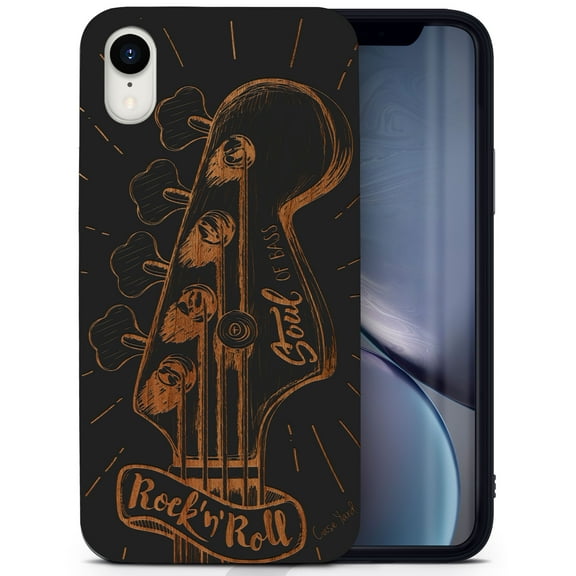 Wood phone case for iPhone XR compatible protective cell phone cover shockproof slim fit laser engraved Guitar Hero design Black wood case for Men & Women by CaseYard