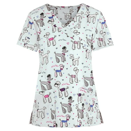 

QAZXD Plus size tops for women Women Scrubs Top Women s Working Uniform Nursing Uniform With Two Pockets Short Sleeve V-Neck Cartoon Printed Blouse M