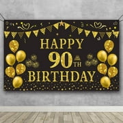 Trgowaul 90th Birthday Backdrop MMF7Gold and Black 5.9 X 3.6 Fts Happy Birthday Party Decorations Banner for Women Men Photography Supplies Background Happy Birthday Decoration