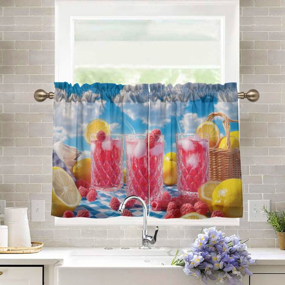 BZSMCE Set of 2 Pieces Kitchen Window Curtain Fashion Raspberry Lemonade Picnic Printed 27x24in/27x36in