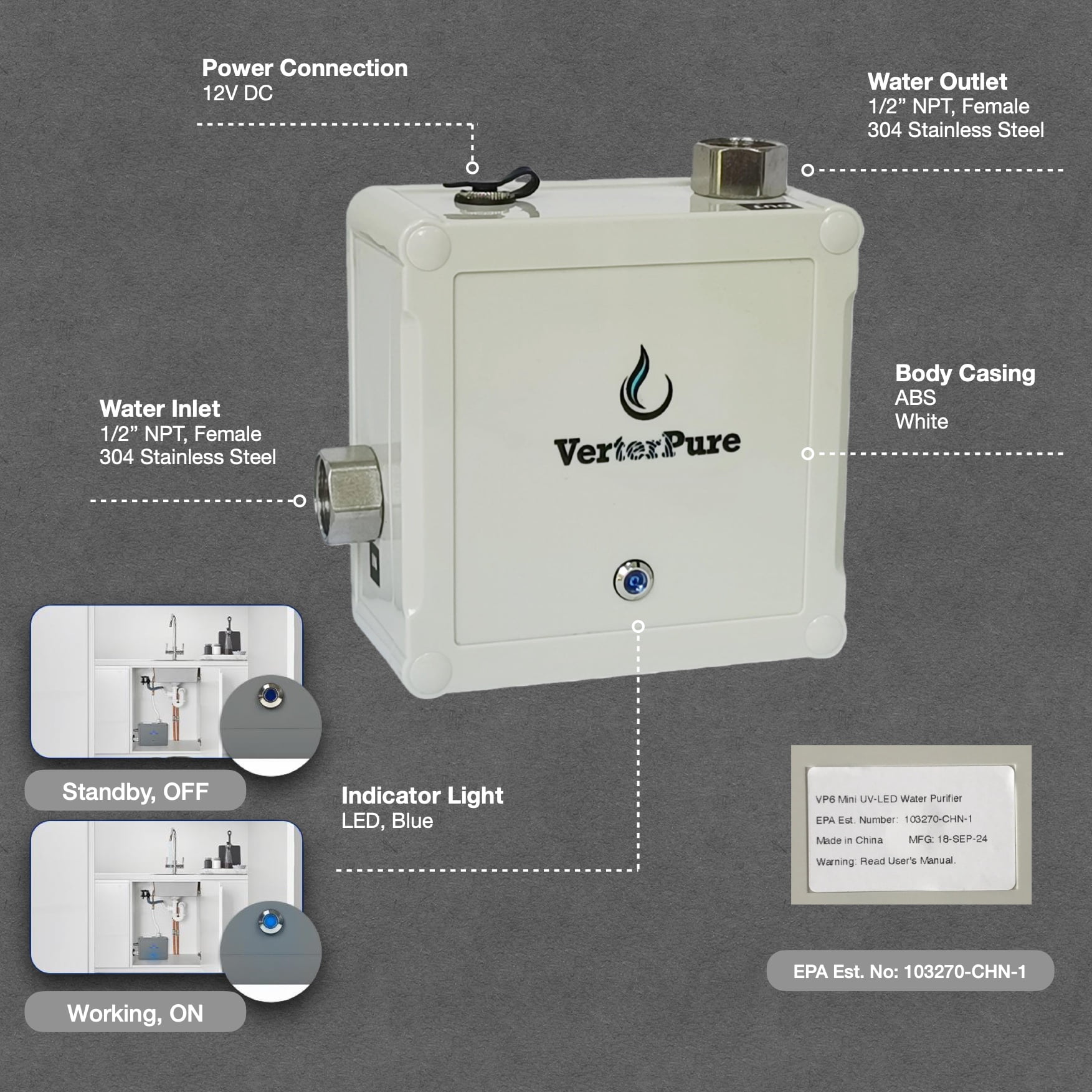 VerterPure VP6 Mini UV-C LED Ultraviolet Automatic Shut Off Under-Sink Filtration System