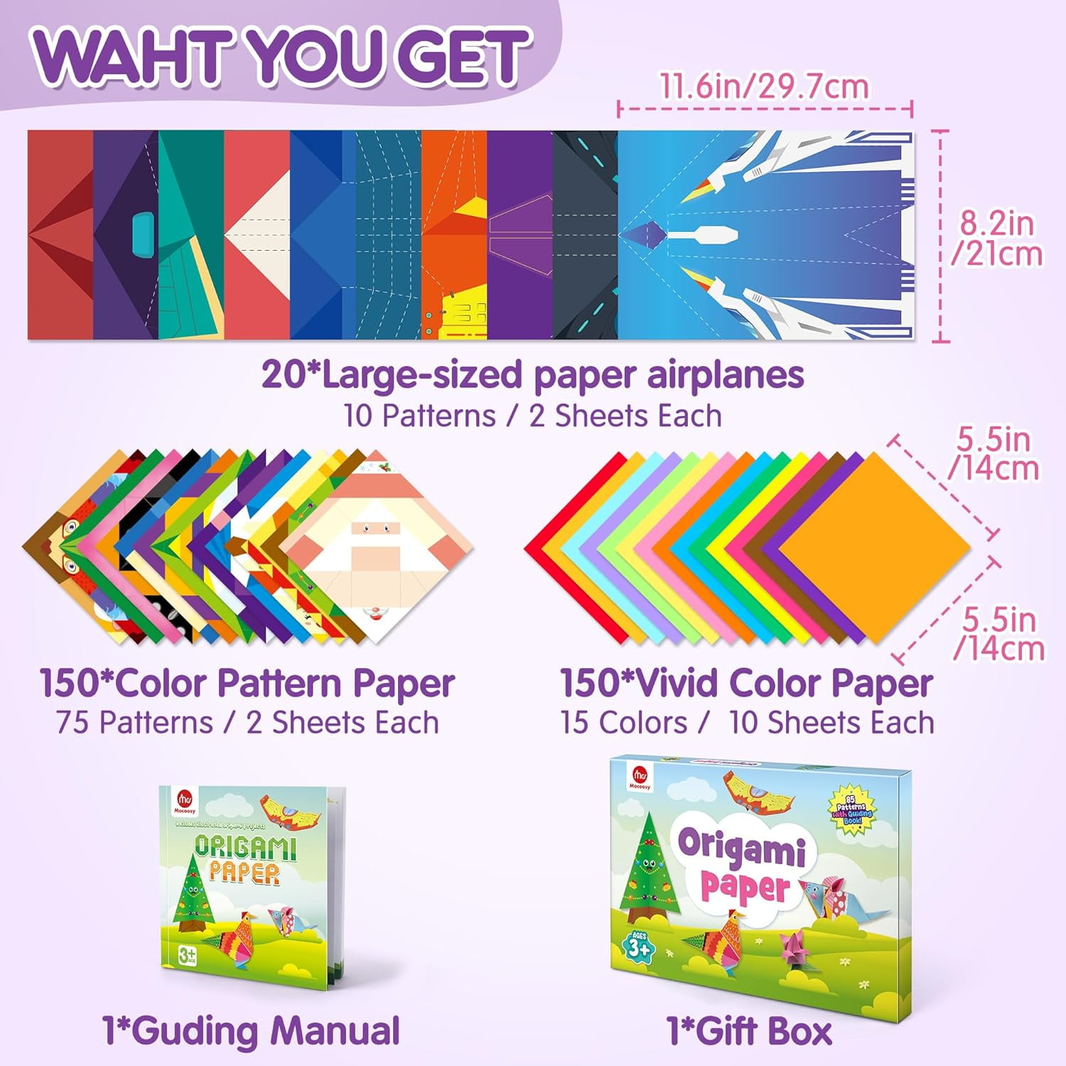 Mocoosy 320 Sheets Origami Kit for Kids Ages 5-8 9-12, Paper Airplane Kit, Color Folding Paper Set with Origami Book, Art & Craft for Boys Girls, Travel Game Airplane Car Road Trip Activity Toy Gifts