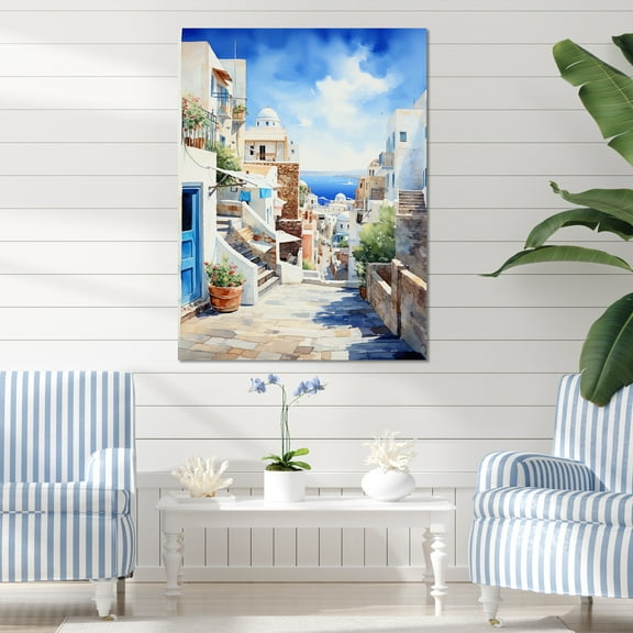 Designart "Coastal Village Dreams Greek Isles II" Landscapes Canvas Wall Art - Country White Greece Entryway Wall Art