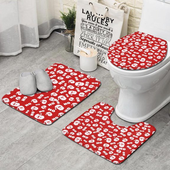 Red Christmas Santa Pattern Bathroom Rugs Sets 3 Piece,Toilet Cover Set,Absorbent Non Slip Bathroom Mats Sets with U-Shaped Contour Rug Toilet Rug Set
