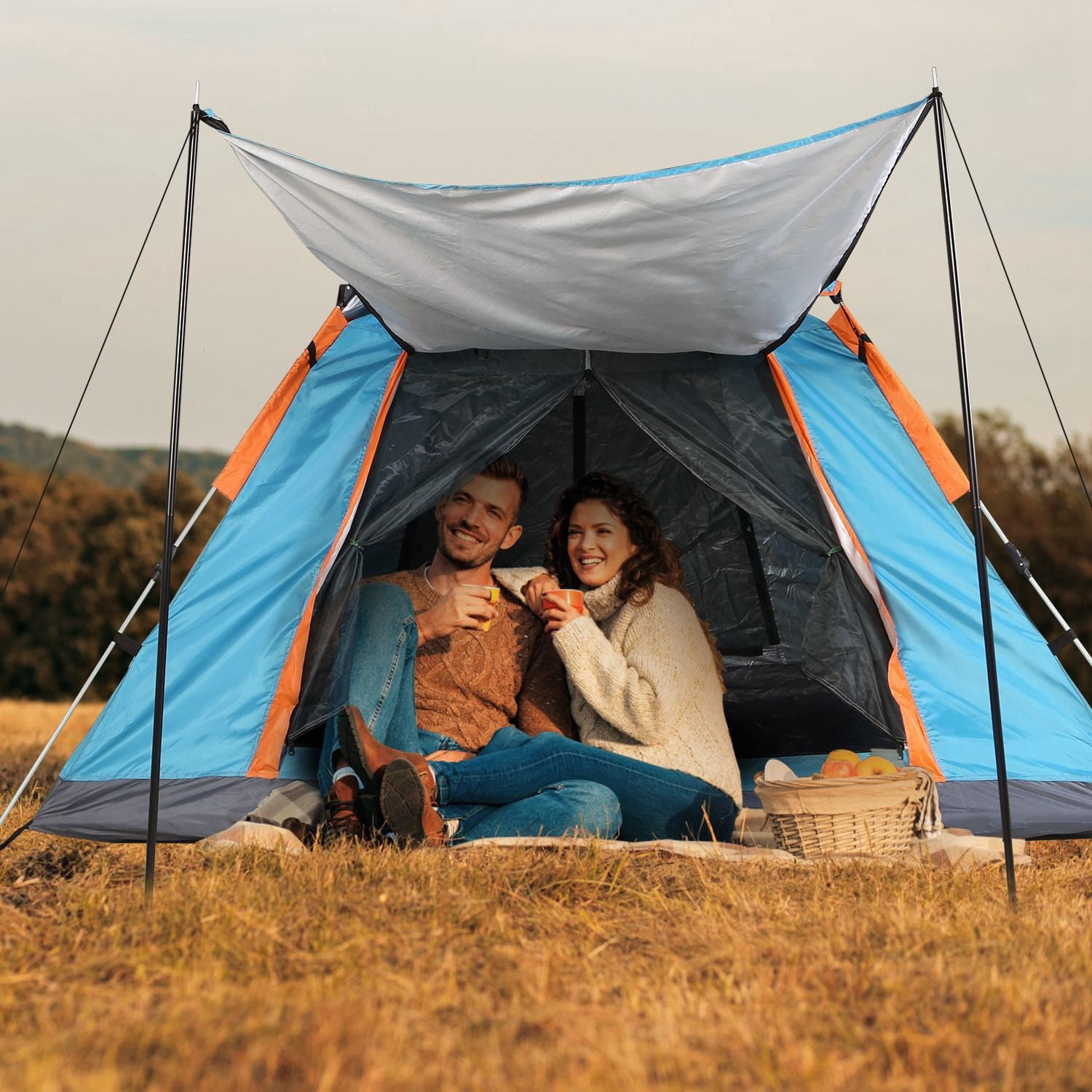 4-5 Person Camping Tent Foldable Waterproof Outdoor Tent with 2 Mosquito Net Windows Aluminum Pole & Oxford Fabric for Hiking Fishing Adventure