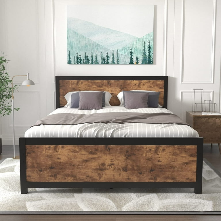 Queen Size Metal Bed Frame with Wooden Headboard Country Rustic