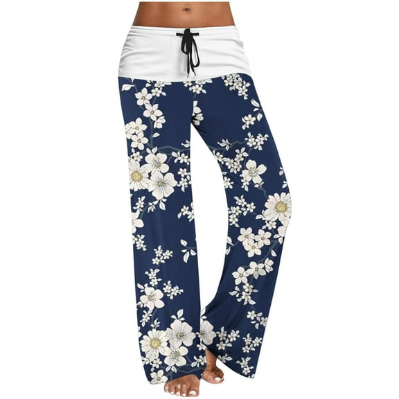 Wyobmus Women's Pajama Pants Stretch Sleepwear High Waist Lounge Wide Leg Pants Floral Printed Drawstring Pants Blue