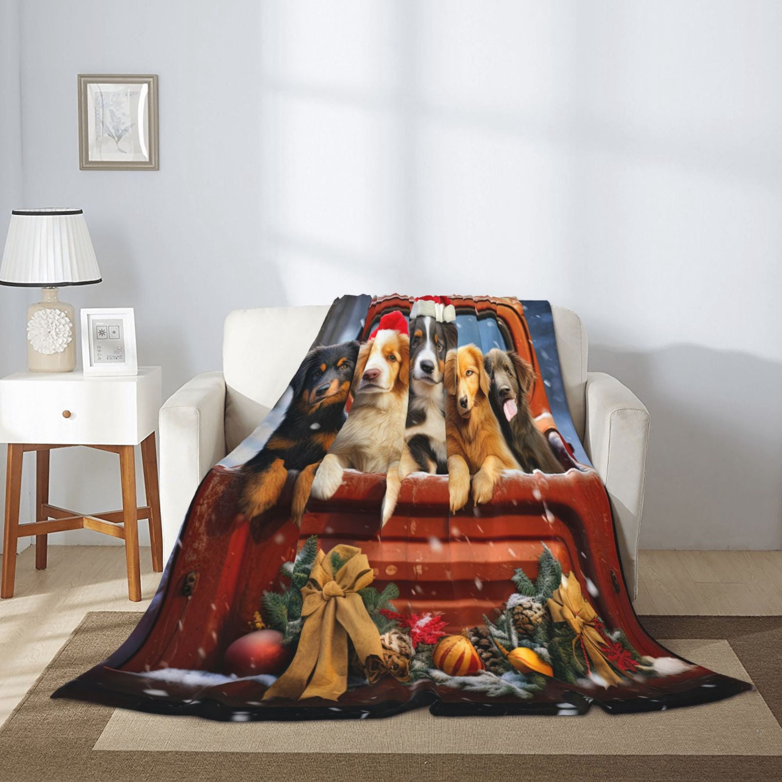 PHELIKA Christmas Red Truck Golden Retriever Dog 04 All Season Soft Throw Blanket Lightweight Flannel Fleece Blankets 80"x60"