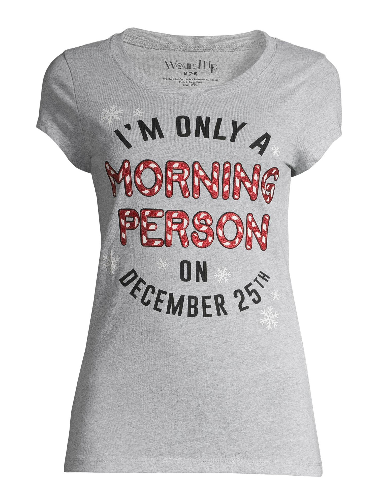 Hybrid Juniors Morning Person on December 25 Holiday Graphic T-Shirt with Glitter