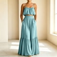 thumbnail image 2 of Women's 2 Piece Set Spaghetti Strap Crop Tank Top and High Waisted Tiered Ruffle Maxi Skirts Casual Summer Outfit for Beach Vacation Light Blue, 2 of 6