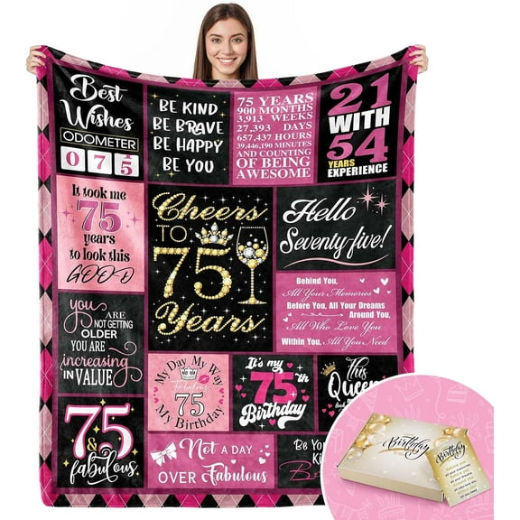 75th Birthday Gifts for Women 75th Birthday Decorations for Women Gifts for 75th Birthday Happy 75th Birthday Gifts Best 75th Birthday Gift Ideas for Wife Mom Sister Throw Blanket 60x50 Inch(Pink)