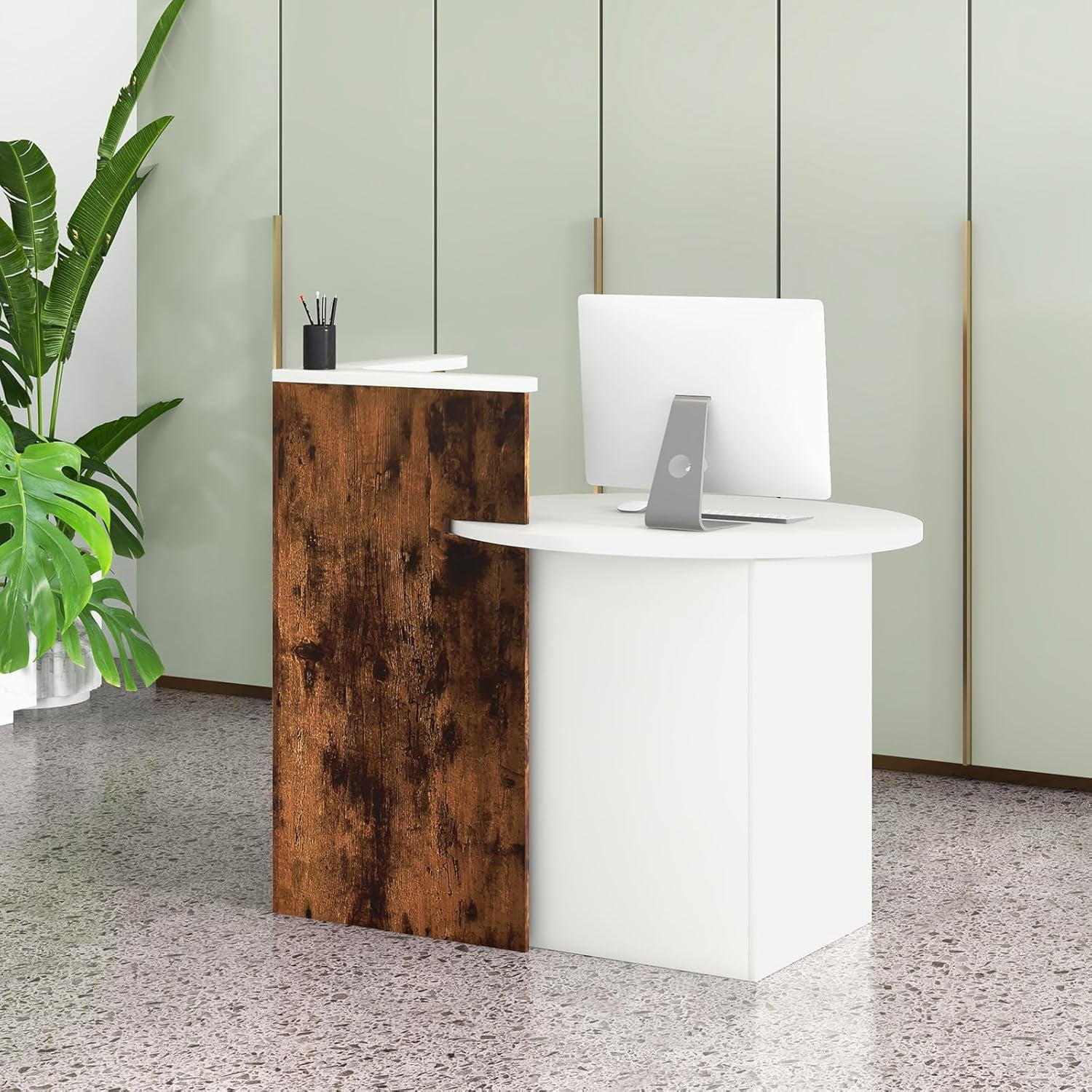 Reception Desk, Small Retail Checkout Counter with Lockable Drawer and Open Shelves, Wooden Front Desk Reception Counter, Oval Desktop & L Counter for Store Office Lobby Salon (Brown)