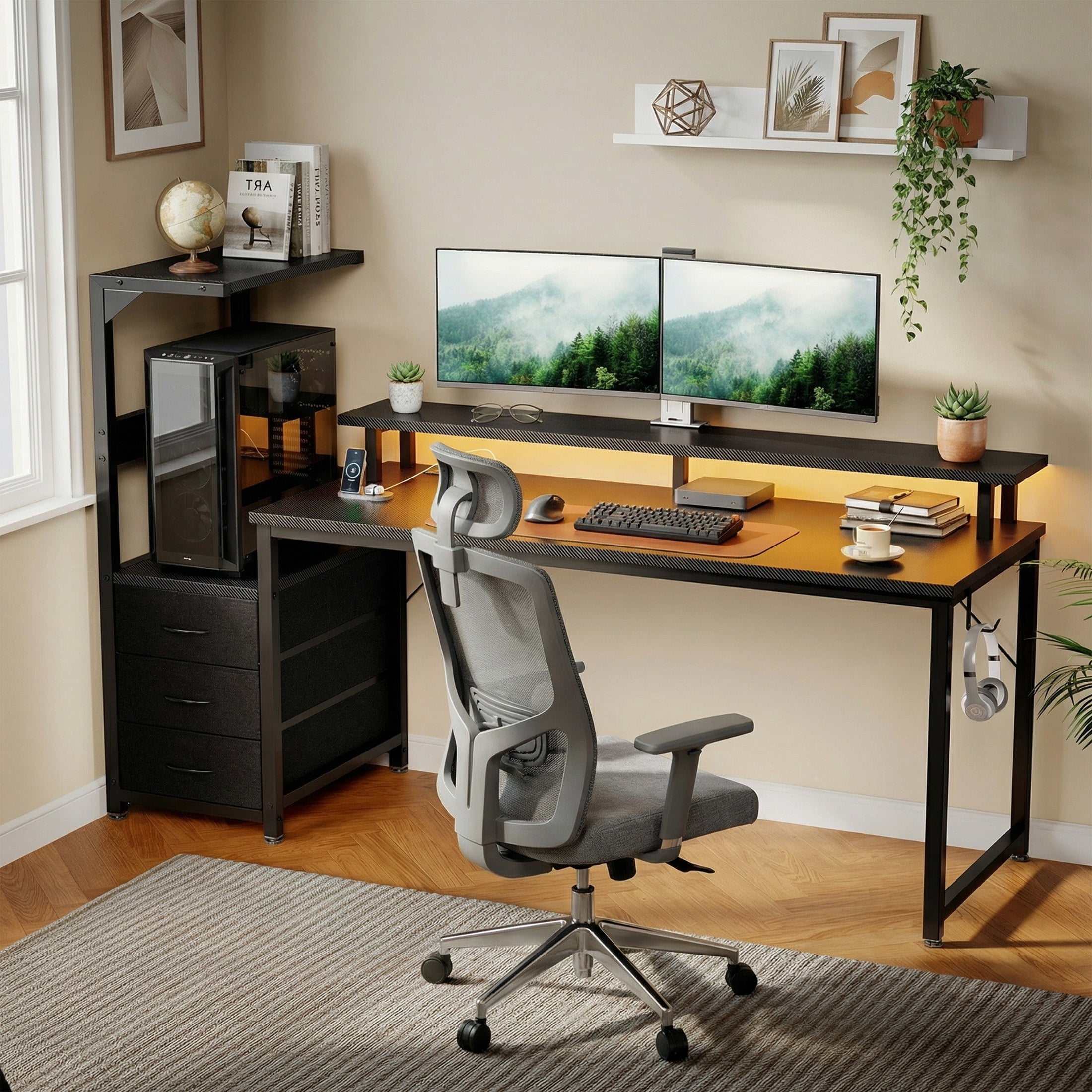 edx 59" Gaming Desk, USB Ports & LED Lights, Reversible Table with Monitor Stand for Home Office, Carbon Fiber Black