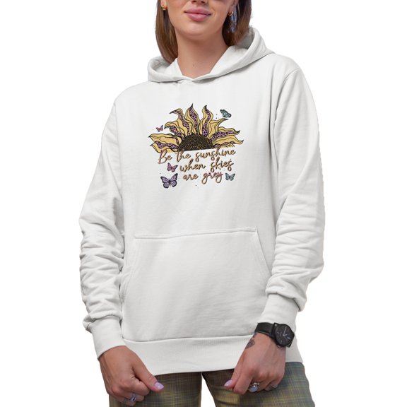 Be the Sunshine When Skies Are Grey with Retro Sunflower & Butterflies Art Merch Gift, White Hooded Sweatshirt or Hoodie, Small