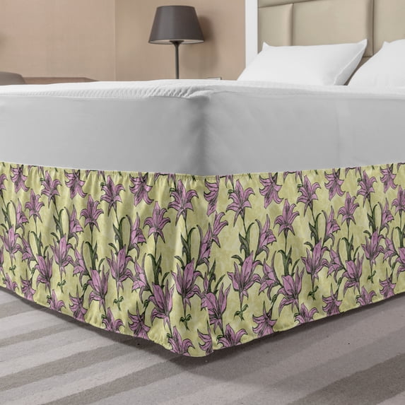 Floral Bed Skirt, Sketchy Illustration of Blooming Lilies Pattern with Grunge Effect, Elastic Bedskirt Dust Ruffle Wrap Around for Bedding Decor, 4 Sizes, Pale Green Dark Green, by Ambesonne