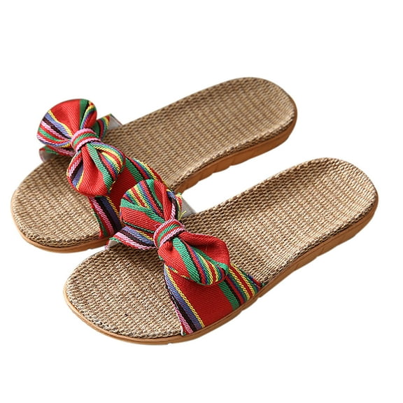 Lovskoo Women's Linen Cotton Open-Toe Home Slippers Breathable Lightweight Indoor Shoes Casual Flax Soft Non-Slip Eva Sole Shoes Red